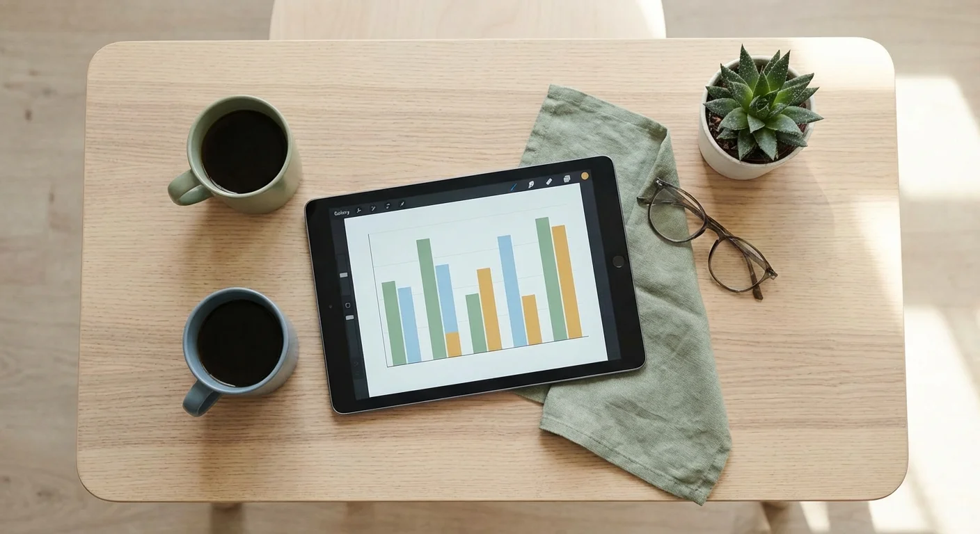 Overhead view of coffee cups and a tablet with a chart on a wooden table.