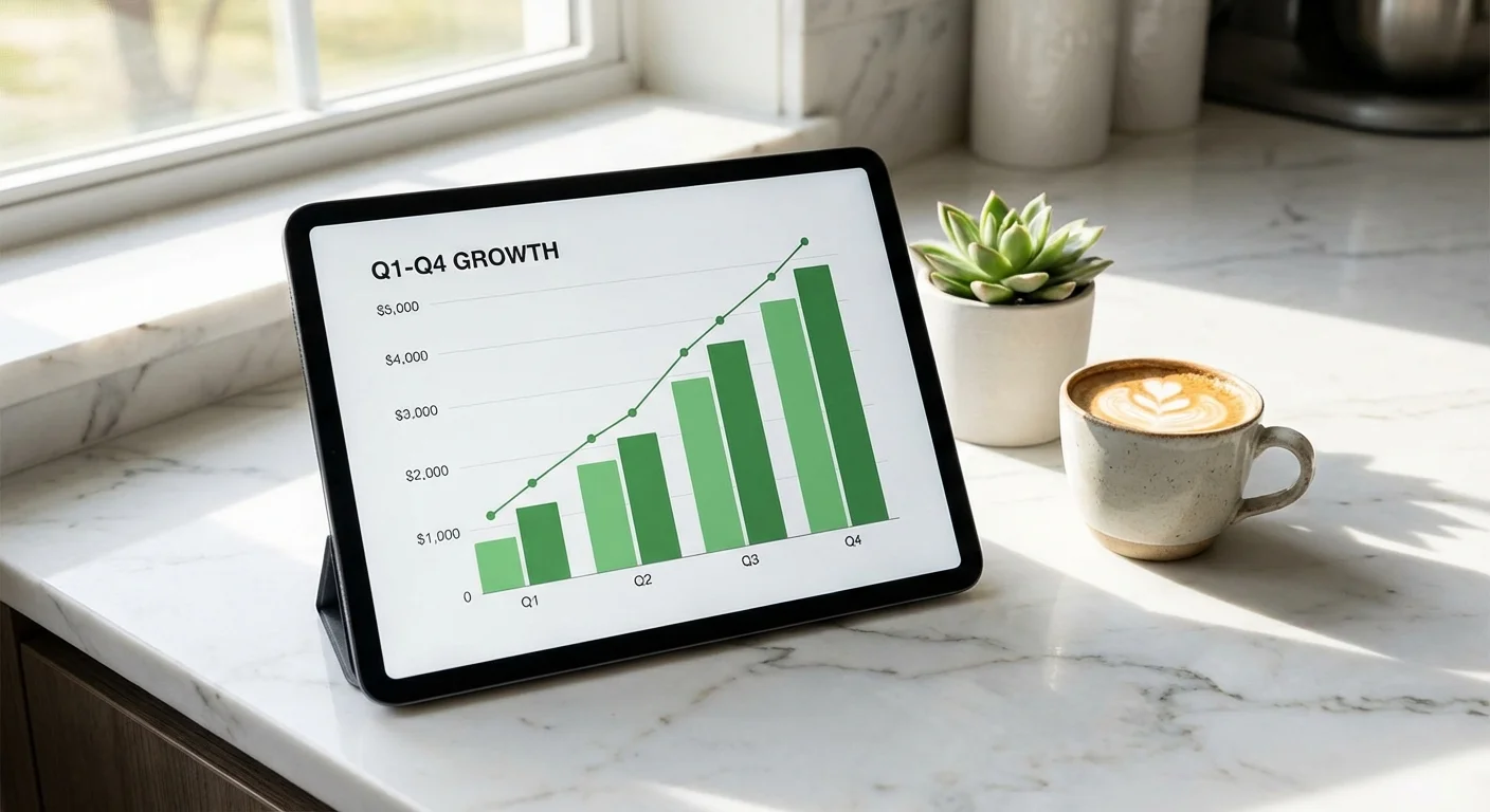 A digital tablet showing a growing financial chart on a modern kitchen counter.