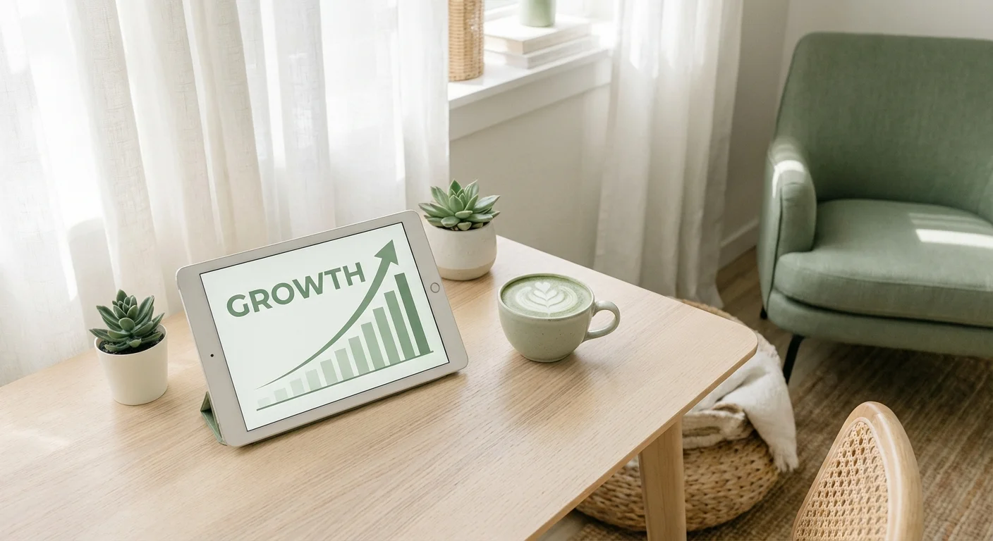 A digital tablet showing a green growth chart on a clean white desk.