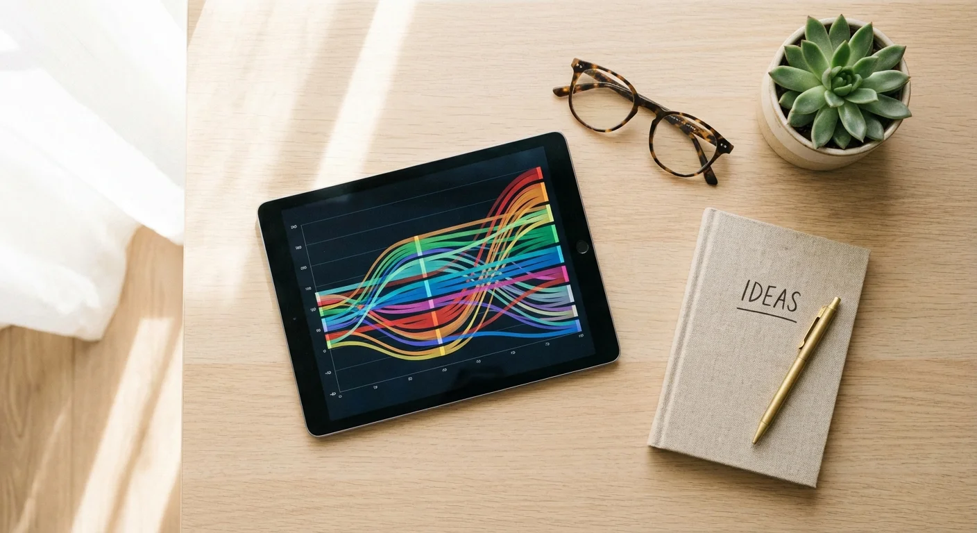 A minimalist flat lay of a tablet, glasses, and a notepad on a wooden desk.
