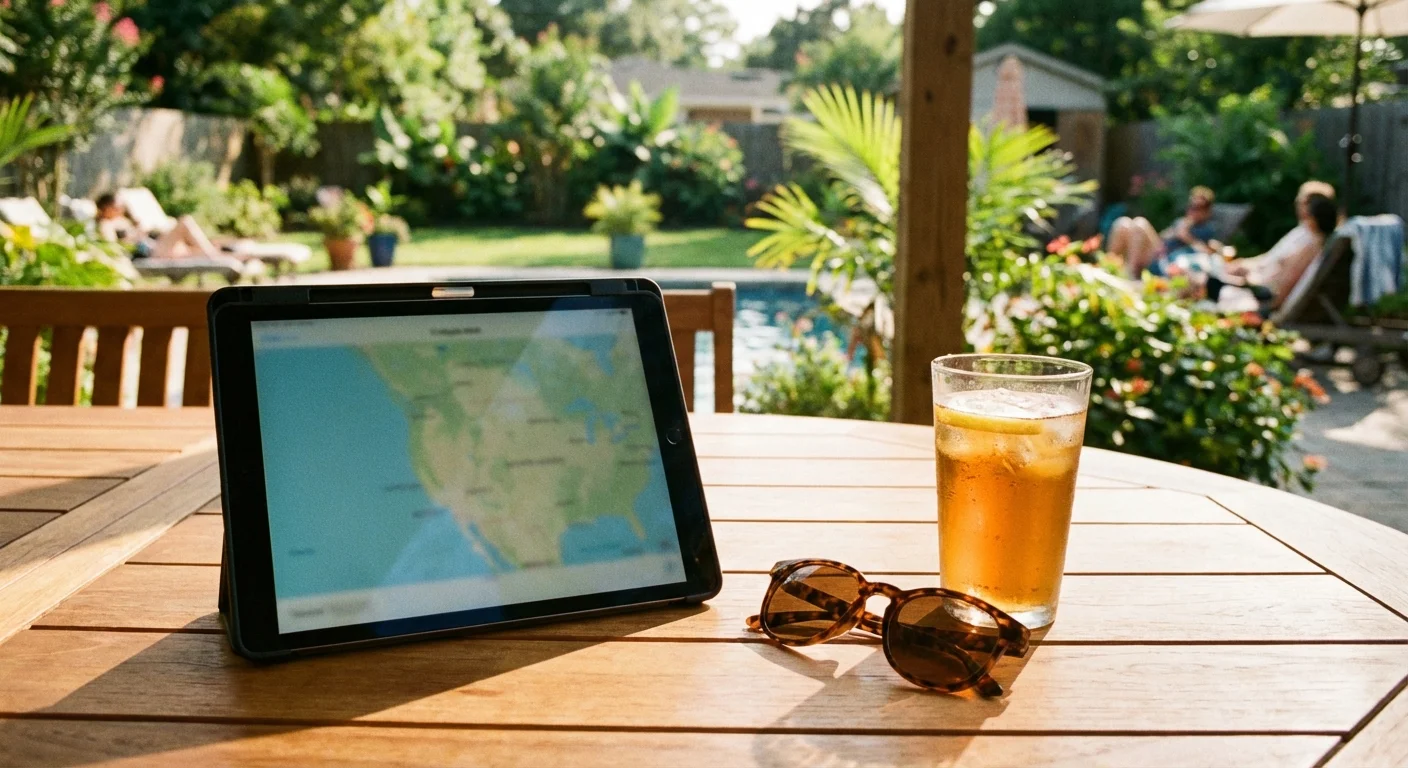 A tablet and iced tea on a sunny patio table, symbolizing state-specific tax considerations.