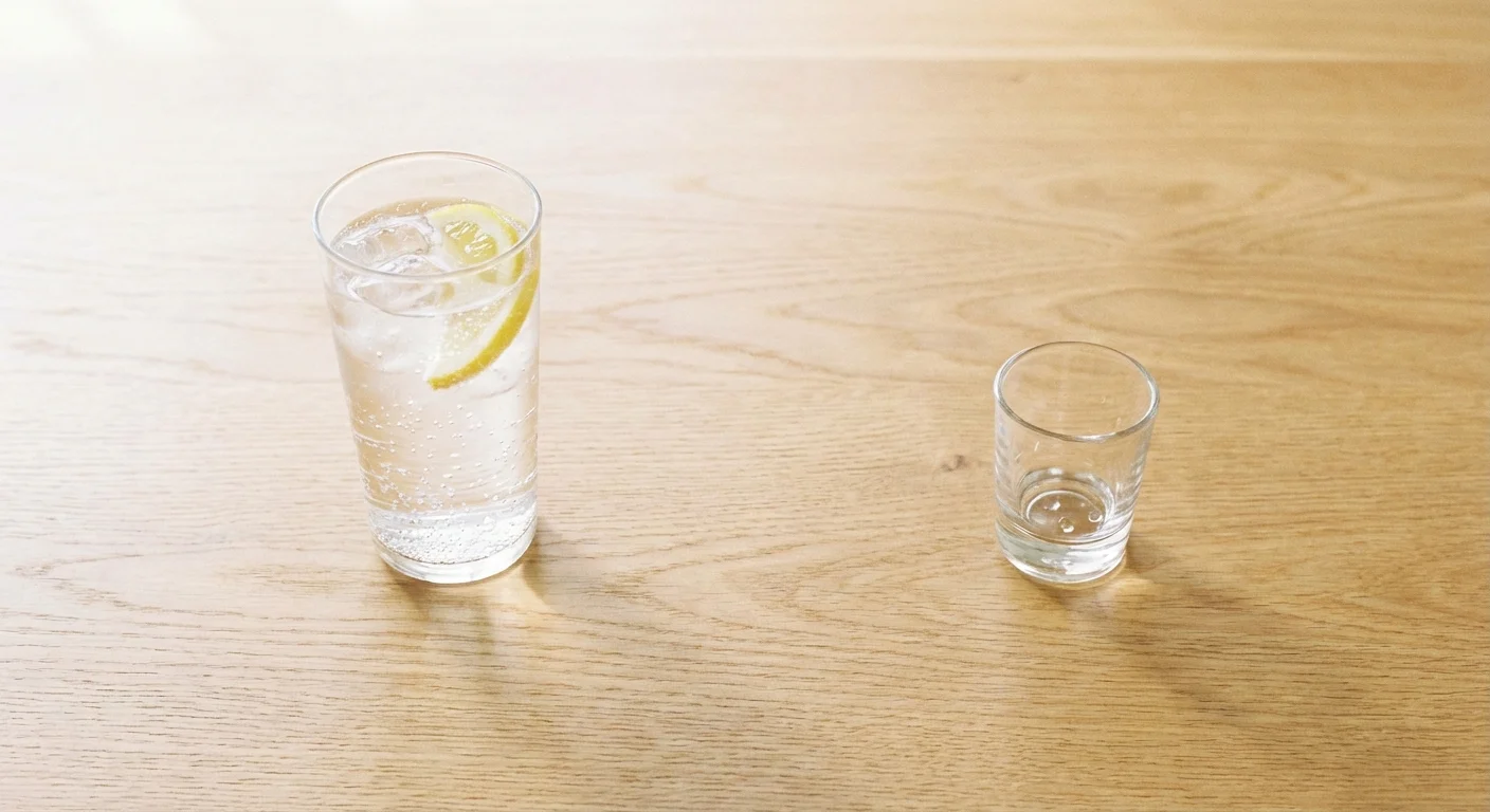 A full glass next to an empty glass on a wooden table, symbolizing the difference in wealth kept after fees.
