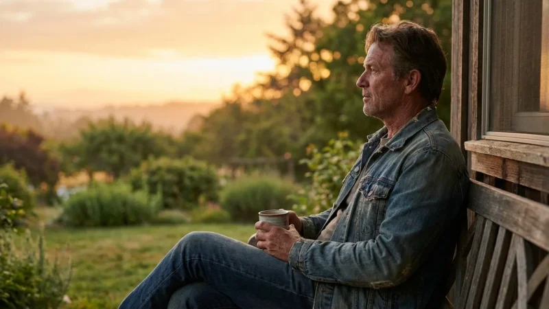 A man looking relaxed on a porch at sunset, symbolizing financial peace of mind.
