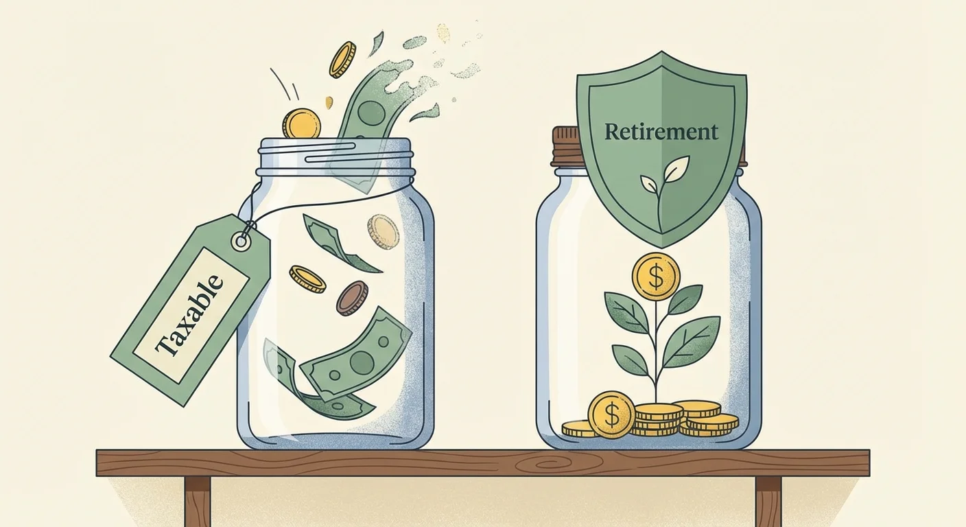Two jars representing taxable and tax-advantaged accounts, one open and one shielded.