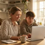 A mother and teenage son looking at a laptop together at a kitchen table in a sunlit home.