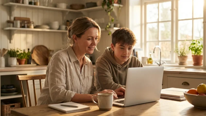 A mother and teenage son looking at a laptop together at a kitchen table in a sunlit home.