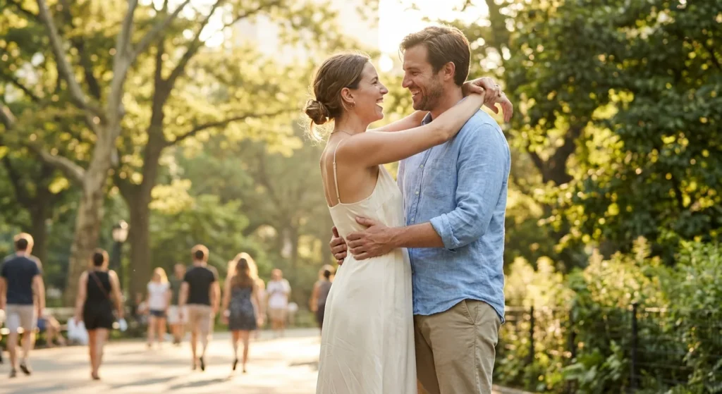 A happy couple celebrating their wedding in a sunny, natural park setting.