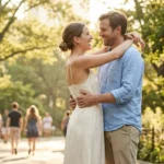 A happy couple celebrating their wedding in a sunny, natural park setting.