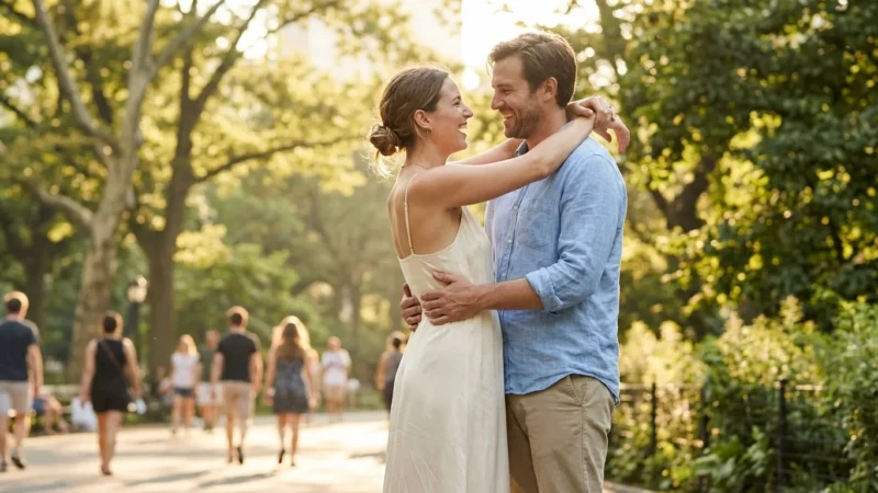 A happy couple celebrating their wedding in a sunny, natural park setting.