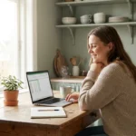 A person smiling while managing finances on a laptop in a bright, modern kitchen.