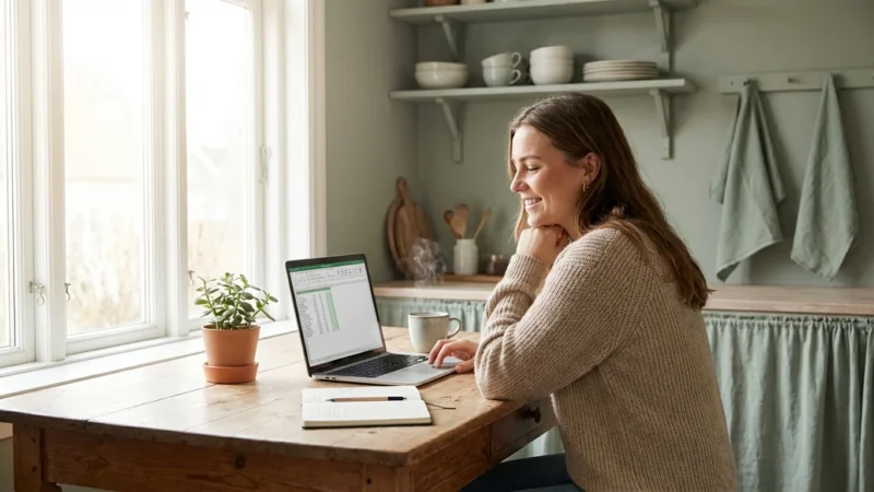 A person smiling while managing finances on a laptop in a bright, modern kitchen.