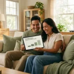 A happy couple reviews their home savings on a tablet in a bright, modern living room.