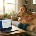 A woman hugging her dog in a sunny living room with a laptop showing a pet savings account.