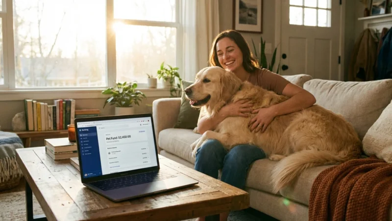 A woman hugging her dog in a sunny living room with a laptop showing a pet savings account.