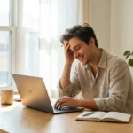 A person looking relieved and happy while working at a sunlit desk, symbolizing financial freedom.