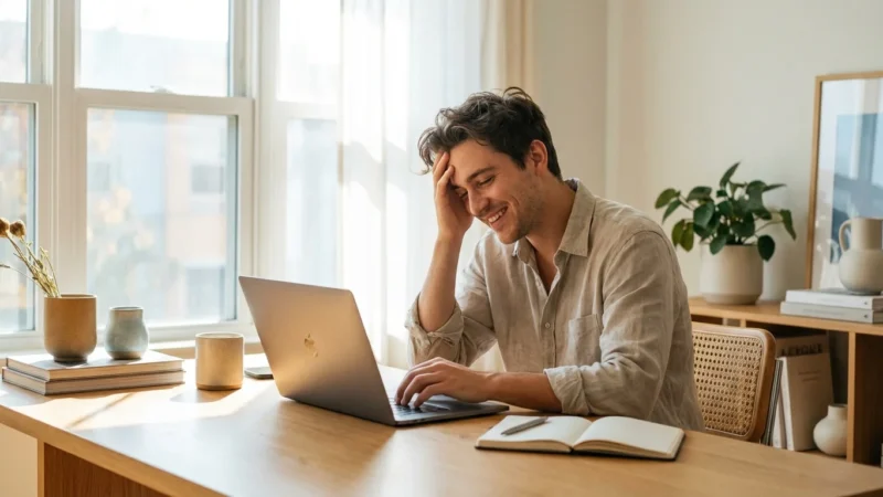A person looking relieved and happy while working at a sunlit desk, symbolizing financial freedom.