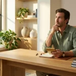 Thoughtful man sitting at a wooden desk in a bright modern home office with plants