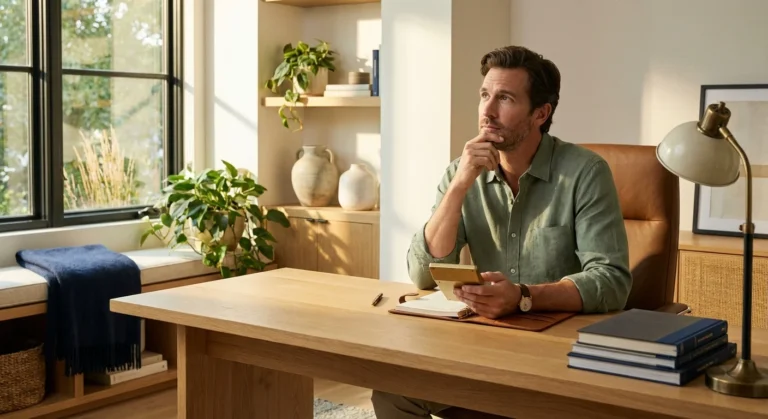 Thoughtful man sitting at a wooden desk in a bright modern home office with plants