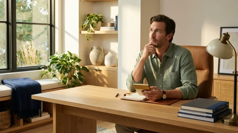 Thoughtful man sitting at a wooden desk in a bright modern home office with plants