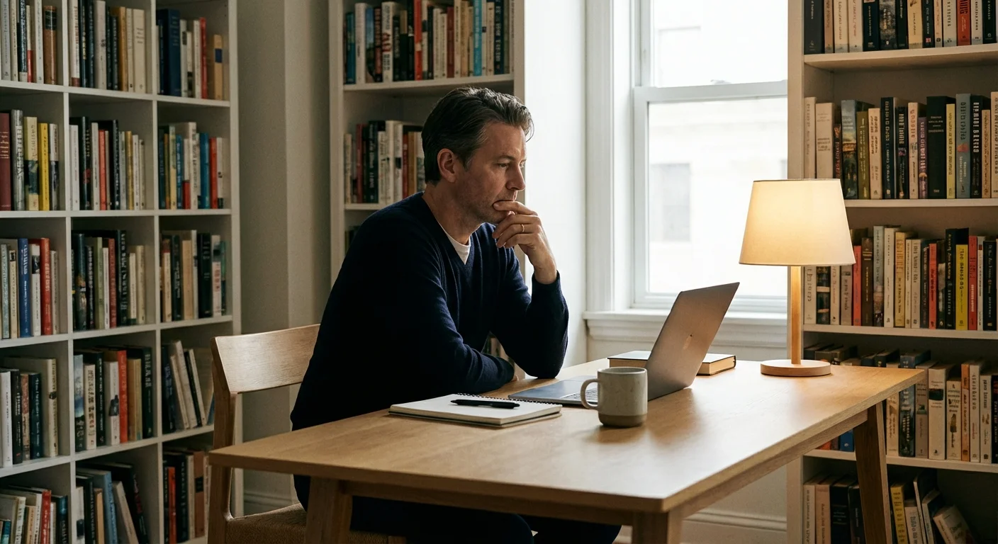 A person thoughtfully researching financial options in a well-organized home office.