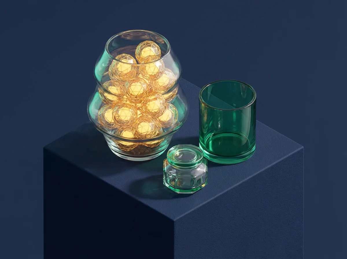 Three 3D glass containers of different sizes representing the three buckets of 401k contribution limits.