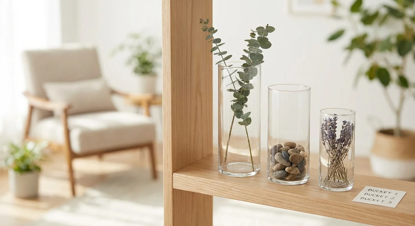 Three clear glass vases arranged neatly on a shelf in a bright room.