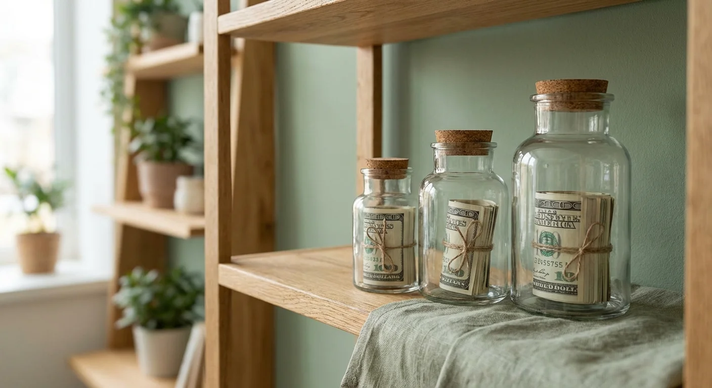 Three glass jars of different sizes on a shelf, symbolizing a tiered savings strategy.