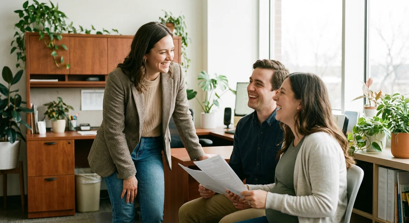 A program coordinator talking to a young couple in a warm, professional office setting.