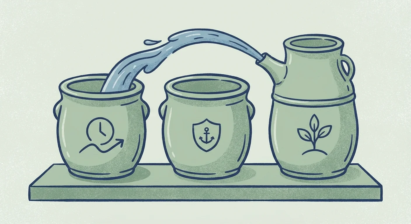 Three symbolic buckets representing cash, bonds, and stocks as a tiered retirement strategy.