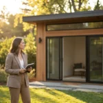 A woman looking at a modern accessory dwelling unit in a sunny backyard.