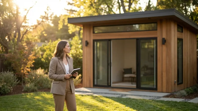 A woman looking at a modern accessory dwelling unit in a sunny backyard.