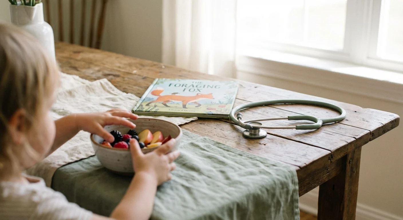 Close-up of healthy snacks and a book on a table, symbolizing holistic child development services.