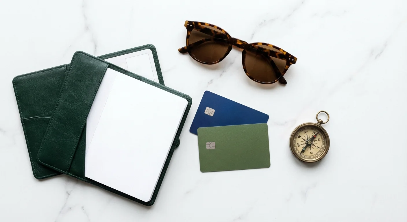 Flat lay of travel essentials including a passport, sunglasses, and credit cards.