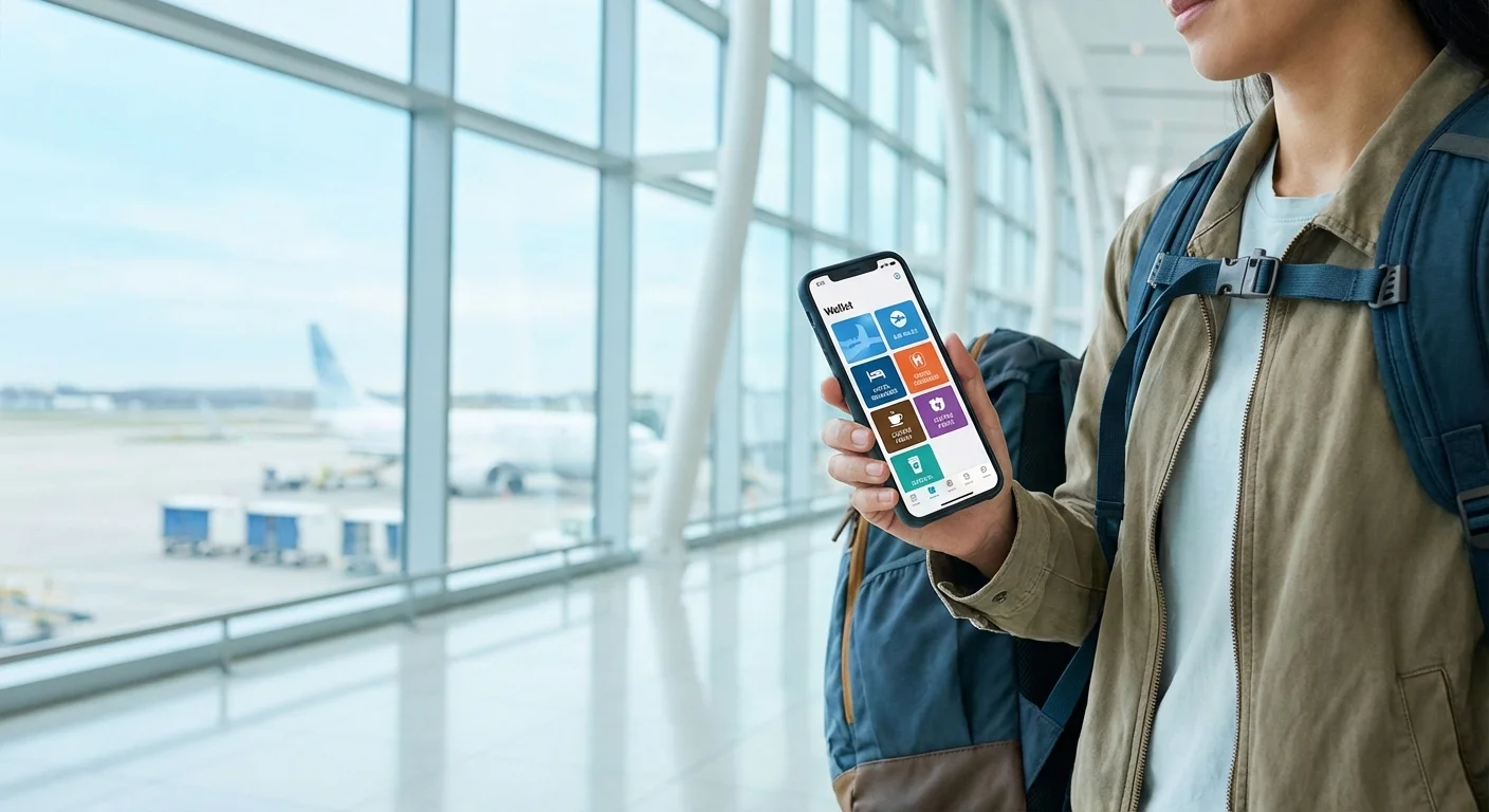 A traveler looking at their digital wallet on a phone in a modern airport terminal.