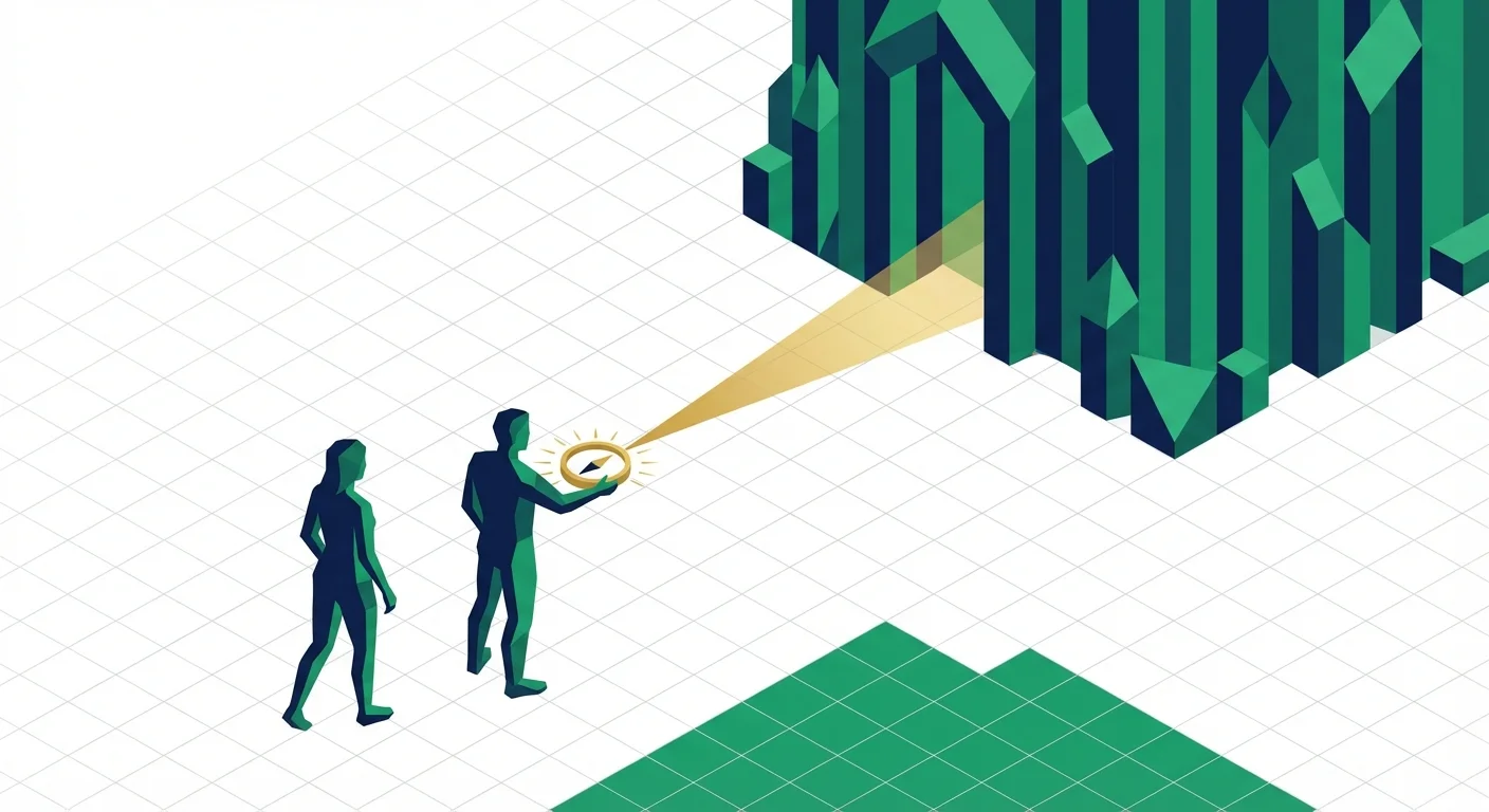 Two 3D silhouettes on a grid, one guiding the other with a golden compass.