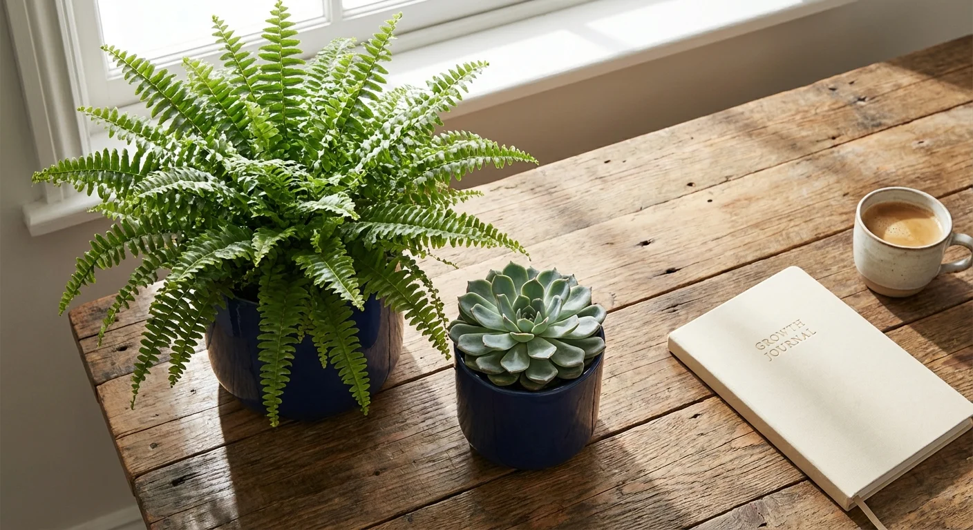 Two different types of potted plants on a desk representing growth and value investing styles.
