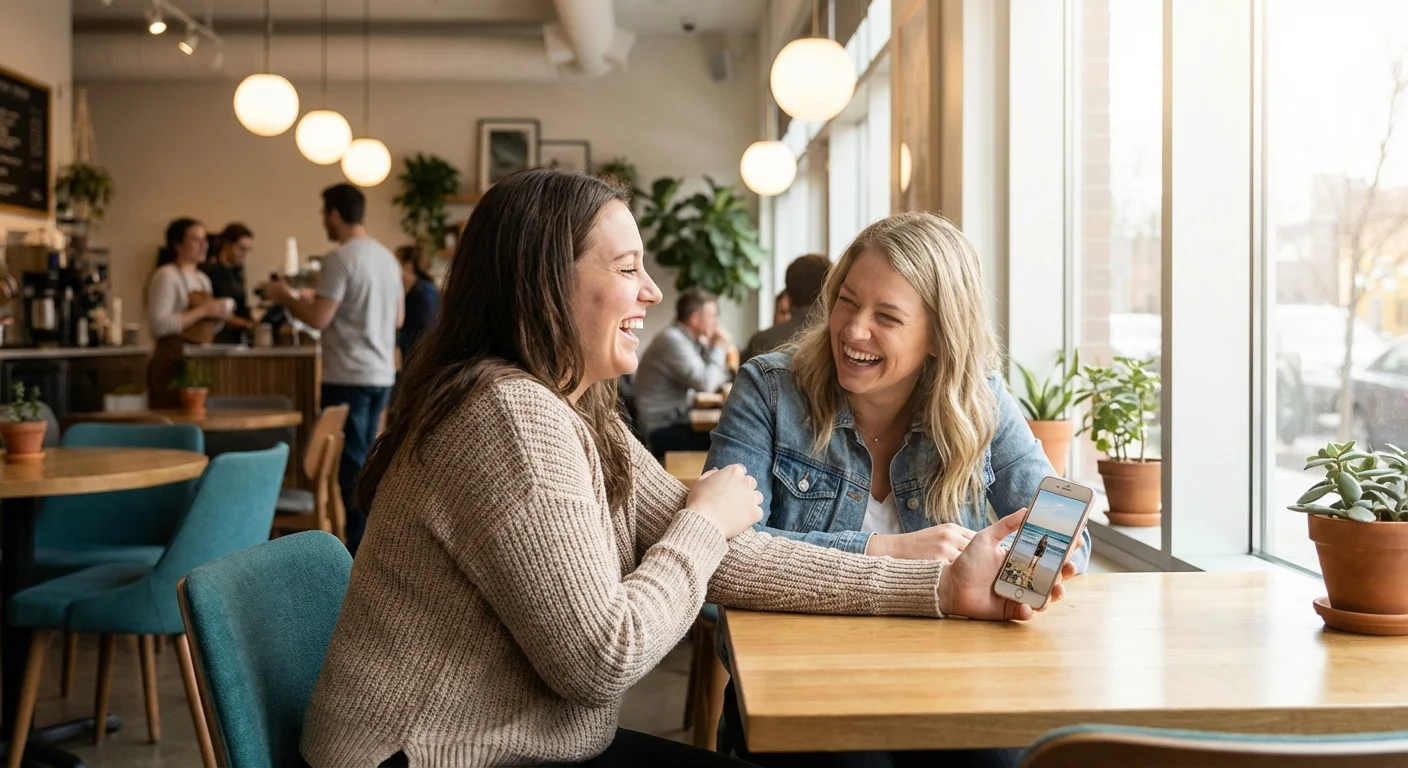 Two friends talking and looking at a phone in a bright, modern cafe.