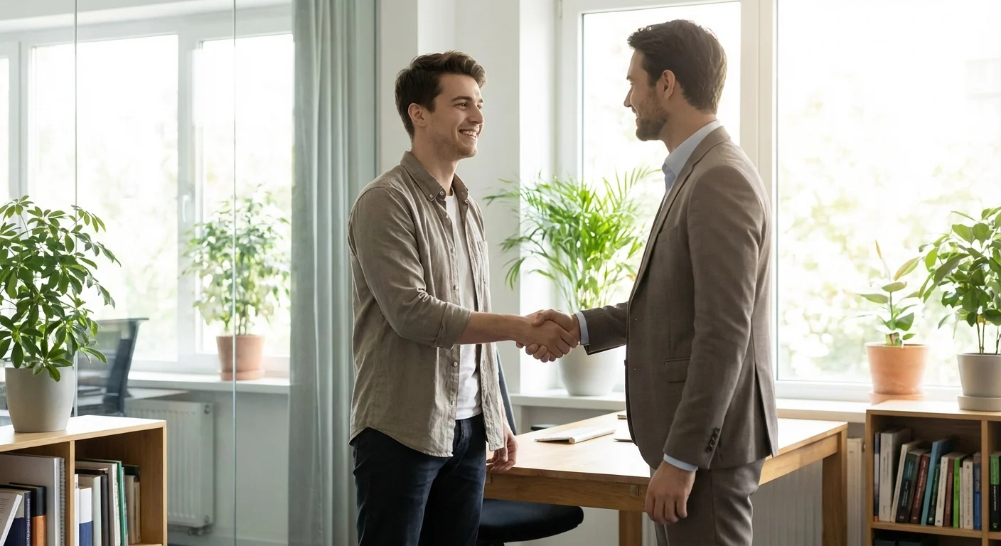 A handshake between a client and a professional in a bright office.