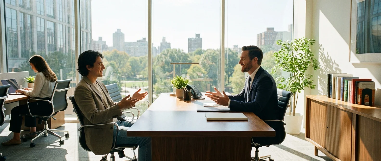 A friendly meeting between an investor and a professional advisor in a sunlit office.