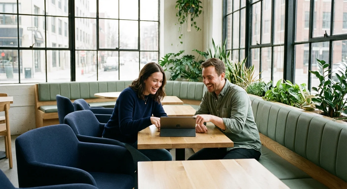 Two people having a collaborative discussion over a tablet in a bright cafe.