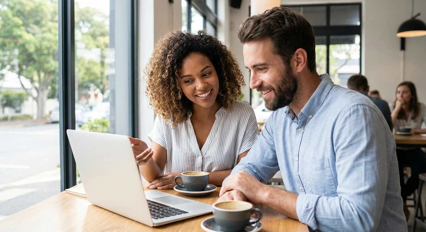 Two people having a serious but friendly discussion in a bright, modern cafe.