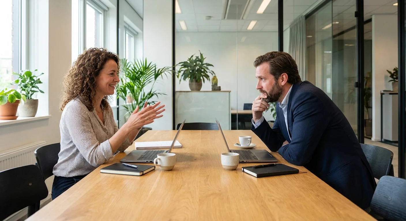Two people having a supportive and professional conversation in a bright office.