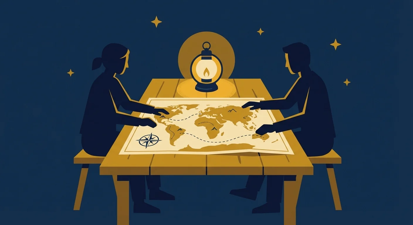 Two people reviewing a map together under a warm light, representing financial guidance.