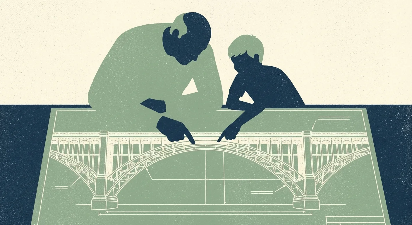 Two people reviewing a complex architectural blueprint together, symbolizing professional advice.