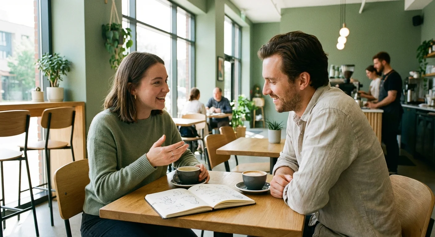 Two people talking over coffee, representing a consultation with a financial advisor.