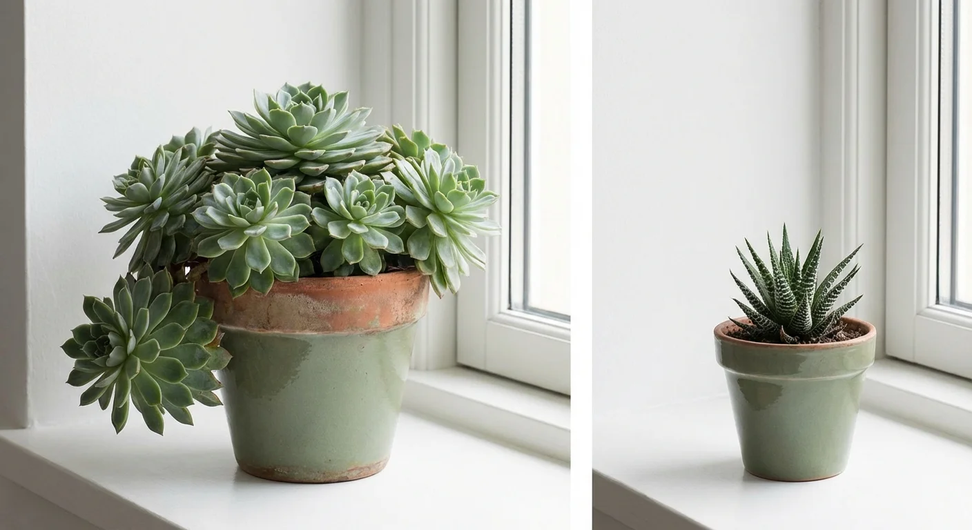 Two potted plants of different sizes side-by-side on a bright windowsill.