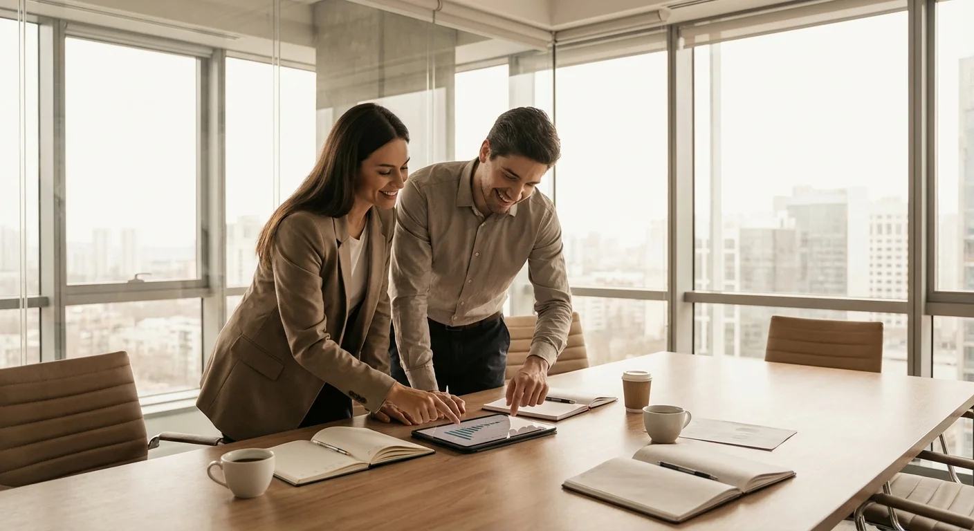 Two professionals having a collaborative meeting in a bright office.