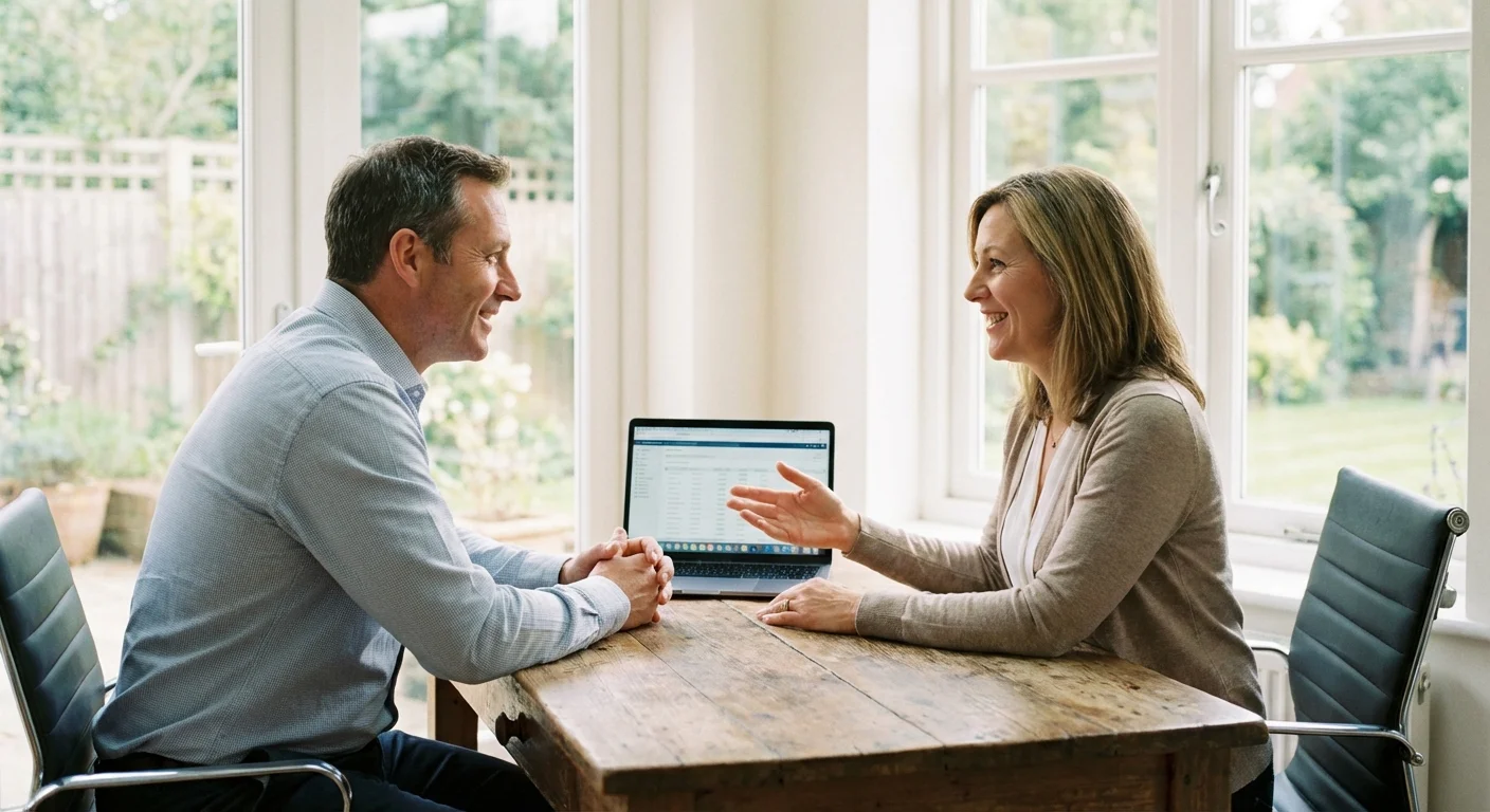 Two professionals having a positive, collaborative meeting in a bright office.