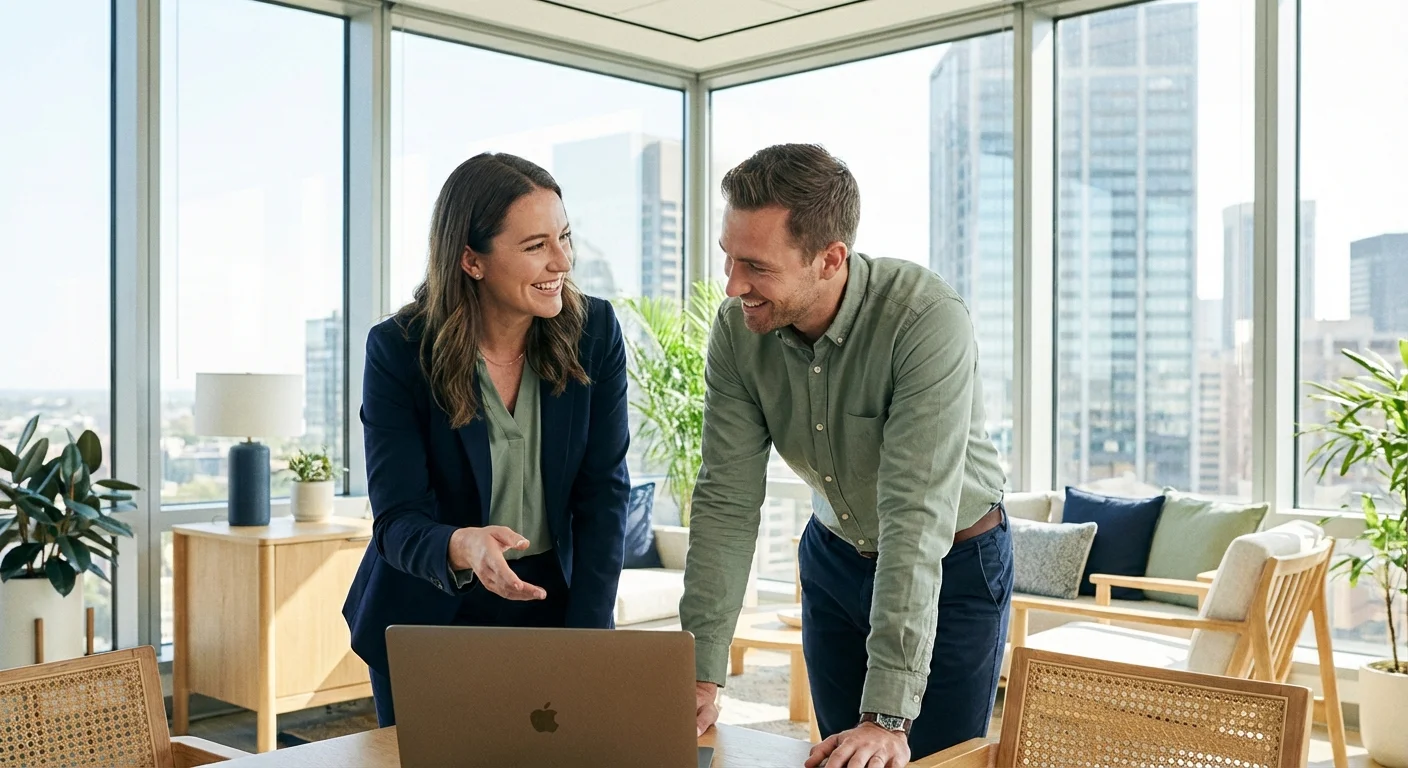 Two professionals having a positive meeting in a bright, modern office space.