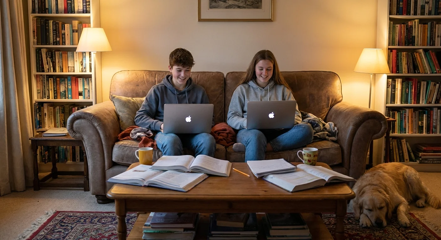 Two teenage siblings studying together on a couch with their laptops.